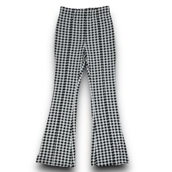 Mittoshop Womens Gingham Check Stretch Flare Pants High Waist Black White Small - Picture 1 of 6